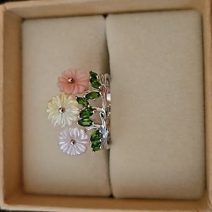 Multi Color Mother of Pearl and Natural Russian Diopside Floral Ring